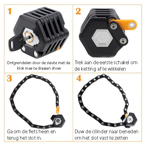 Compact en opvouwbaar fietsslot, ideaal voor gemakkelijk transport en ruimtebesparende fietsbeveiliging.