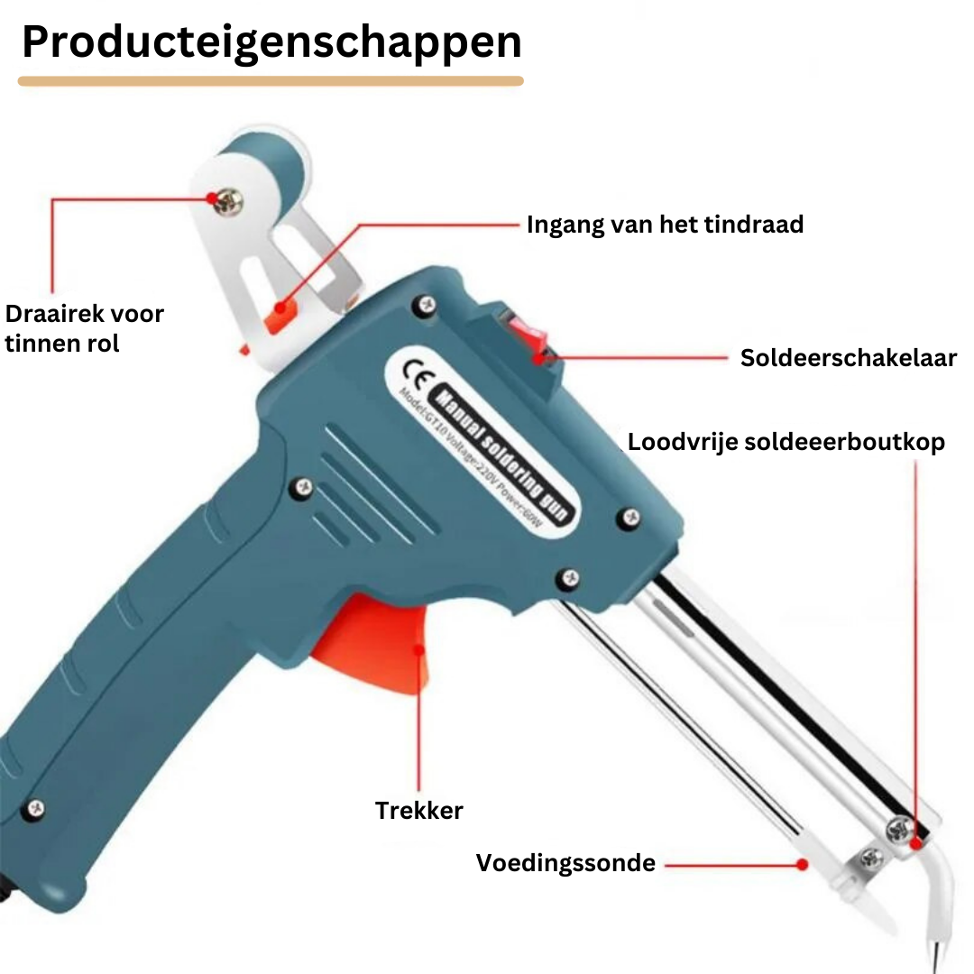 Professioneel soldeergereedschap: compact soldeerpistool voor metaalbewerking en fijne reparaties.
