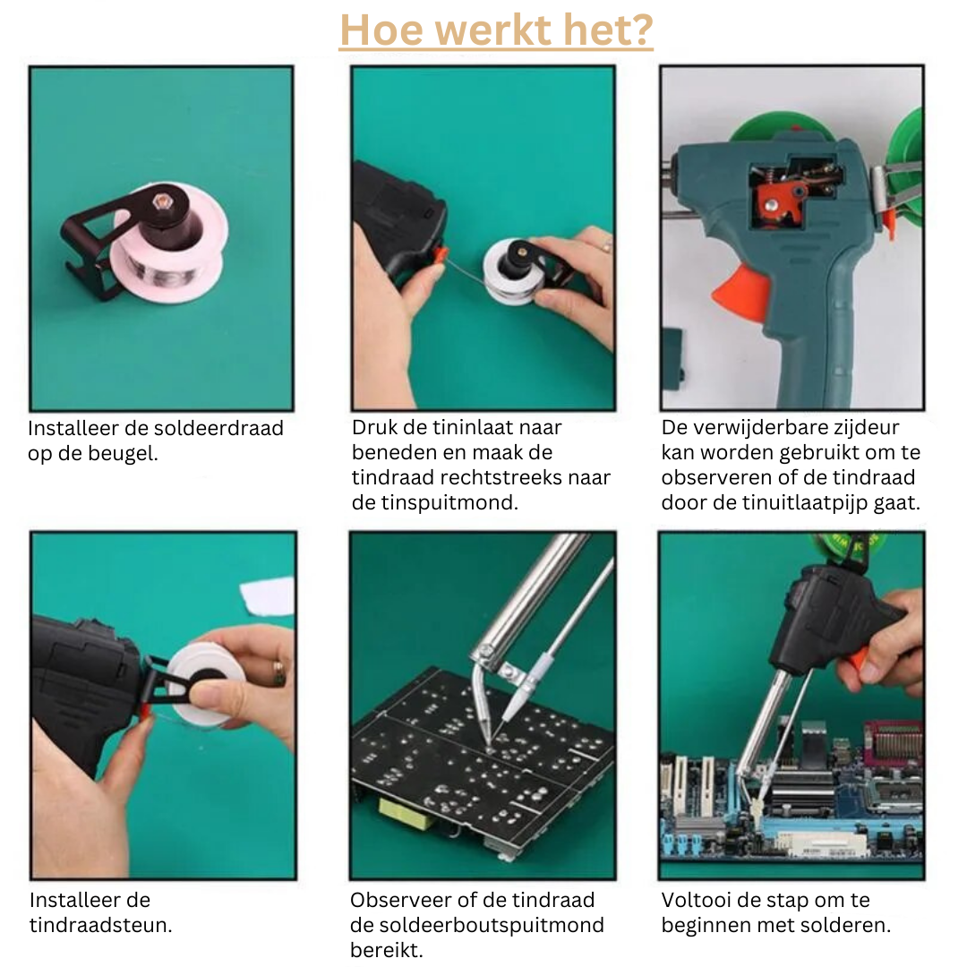 Complete soldeerset met krachtig soldeerpistool en tinrol voor hobbyisten en electronica.