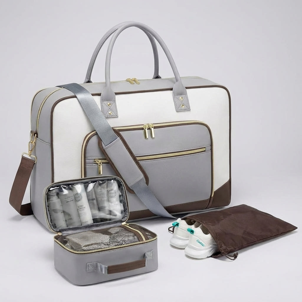 Complete 4-delige CarrySmart reisset: duffeltas, toilettas, schoenhoes, voor elke vakantie.