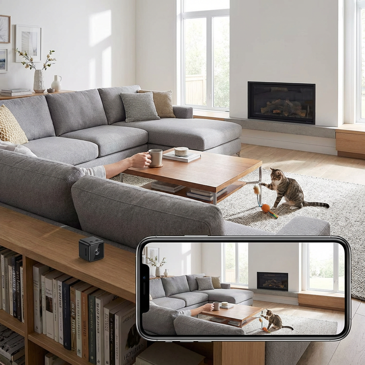 Draadloze 1080P HD mini camera voor beveiliging, geschikt voor bewaking via app, binnen of buiten.