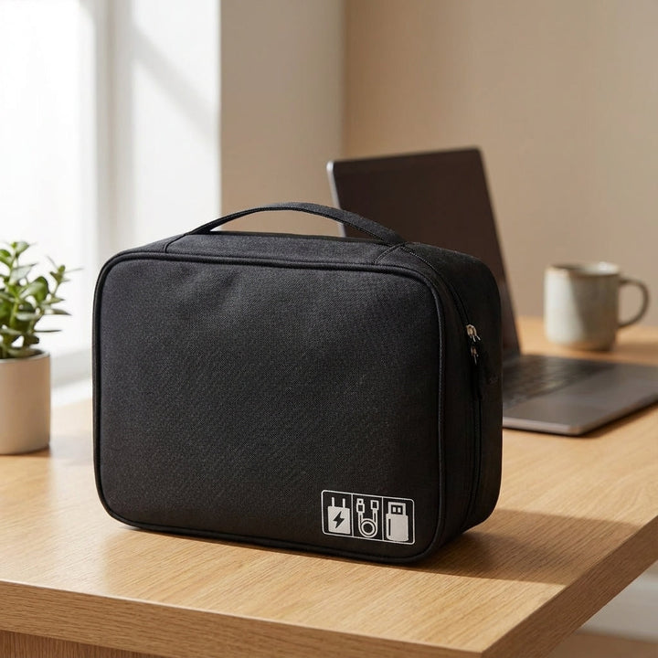Compacte elektronische organizer TechTidy voor kabels, opladers en gadgets, ideaal voor reizen.