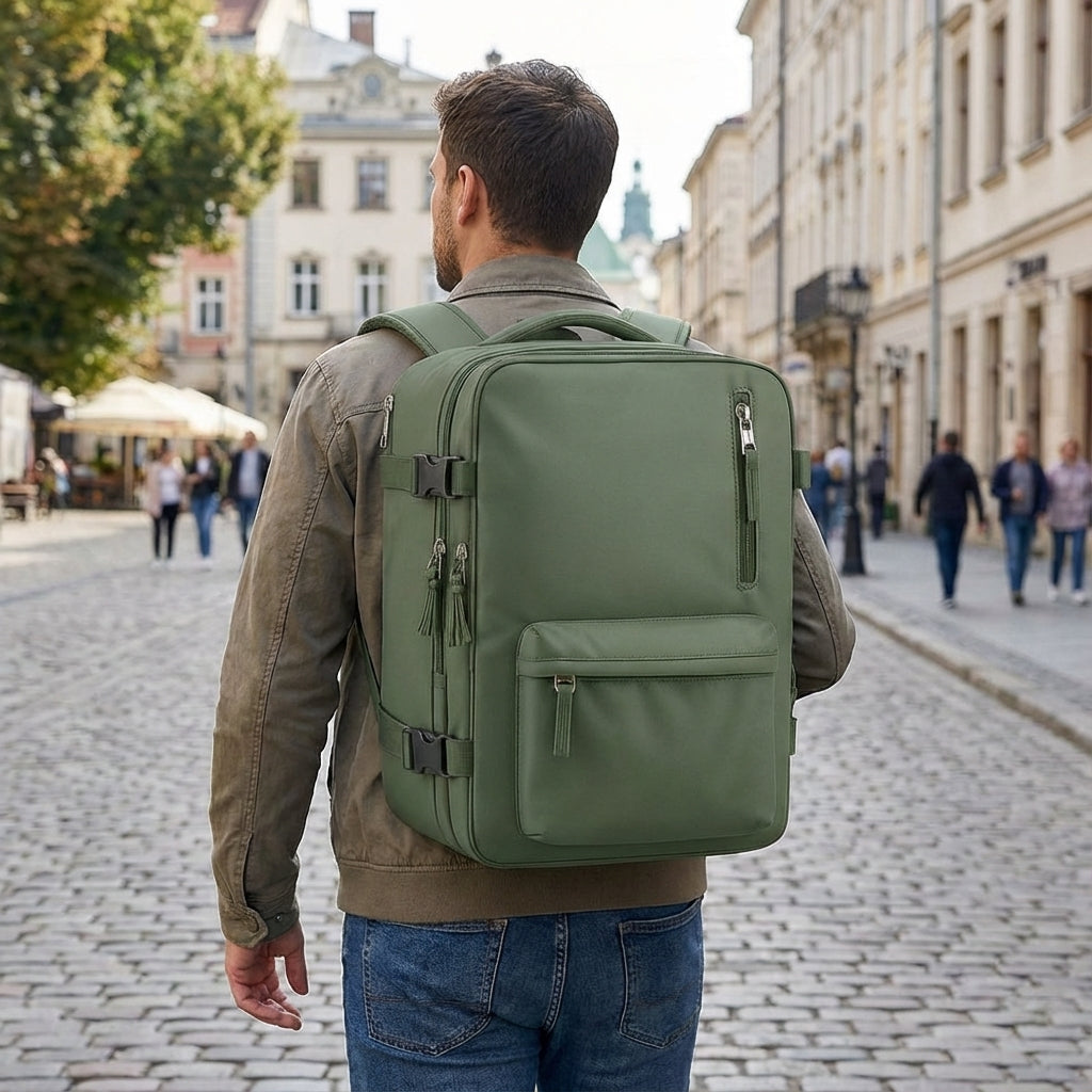 Compacte FlightTrek cabine rugzak, ideaal voor vliegreizen als handbagage, ruimtebesparend design.