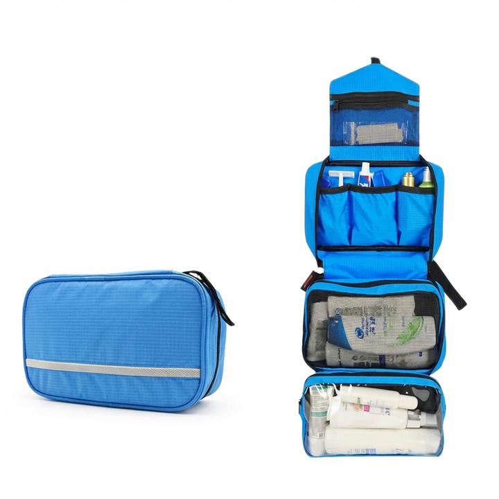 Duurzame nylon toilettas, compact en opvouwbaar, perfect voor vakantie of thuisgebruik. Makkelijk mee te nemen.