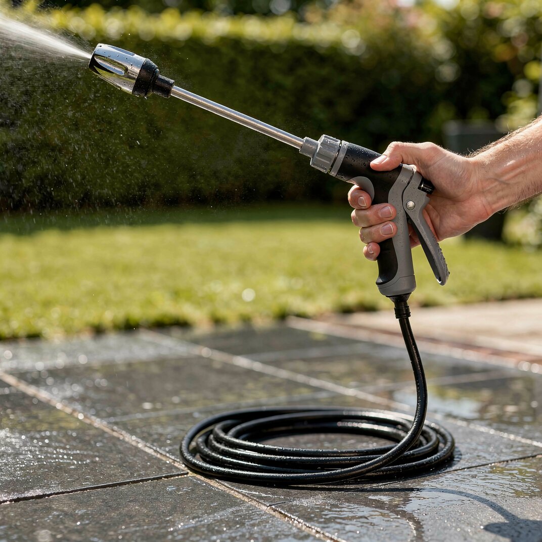 Compacte hogedrukreiniger opzetstuk voor tuinslang, ideaal voor buitenreiniging, terrassen en auto's.
