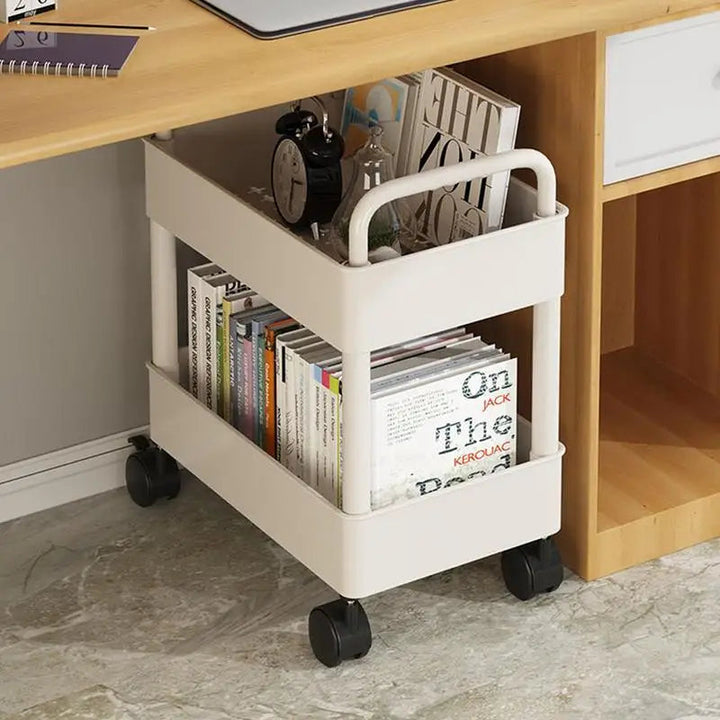 Compacte mobiele boekenplank trolley Rollit met wielen, ideaal voor boeken en kantoorbenodigdheden.