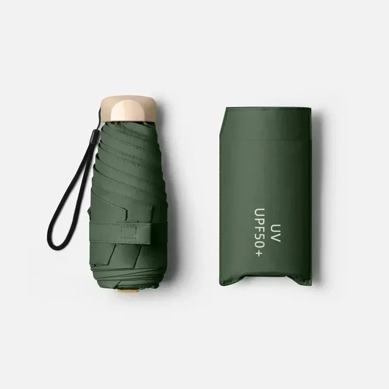 Compacte opvouwbare mini-paraplu in etui, ideaal voor reizen. Beschermt tegen zon en regen.