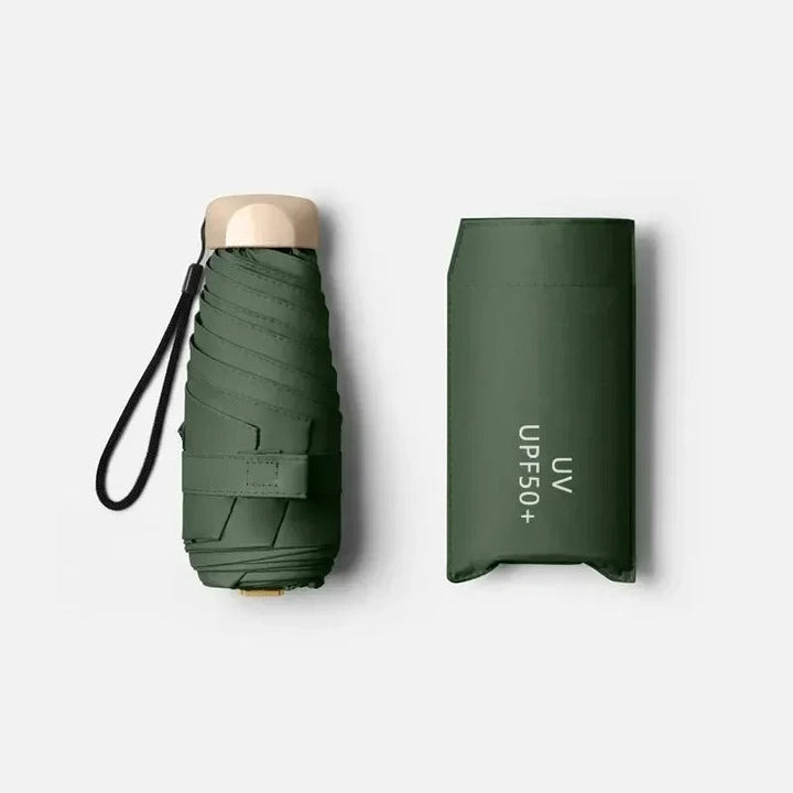 Compacte opvouwbare mini-paraplu in etui, ideaal voor reizen. Beschermt tegen zon en regen.