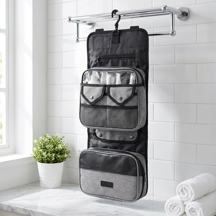 Compacte opvouwbare toilettas van ToiletryMate, ideaal voor reizen. Praktisch en ruimtebesparend in koffer.