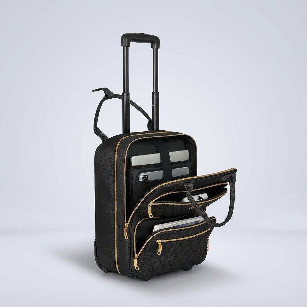 Slanke SwiftSeat onderstoel roltrolley, compacte handbagage reistas met laptopvak. Essentieel reisaccessoire.