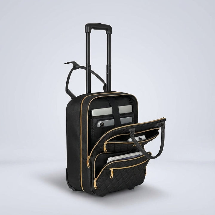 Slanke SwiftSeat onderstoel roltrolley, compacte handbagage reistas met laptopvak. Essentieel reisaccessoire.