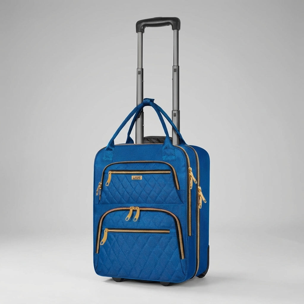 Interieur van de compacte SwiftSeat roltrolley; ruim voor kleding en reisbenodigdheden, met laptopvak.
