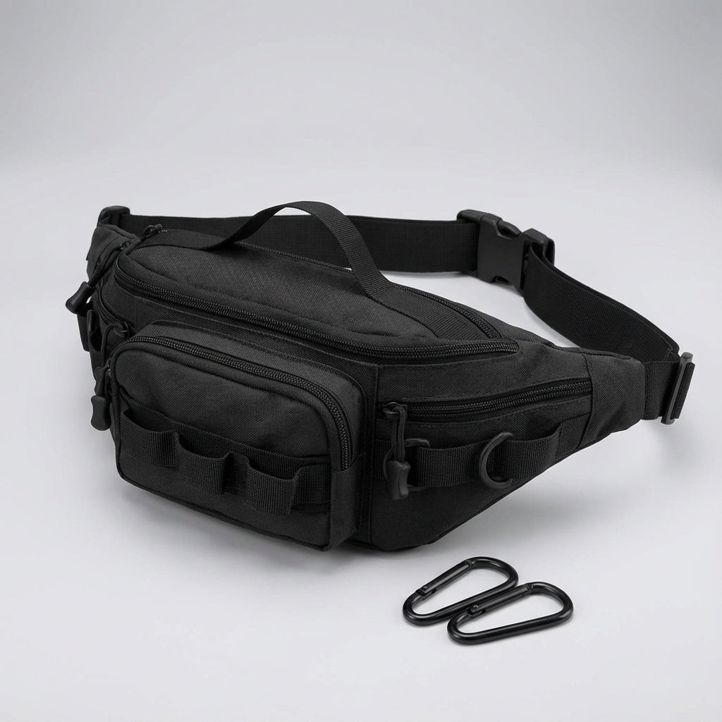 Veelzijdige outdoor heuptas met verstelbare riem, comfortabel voor wandelen, survival en lange reizen.