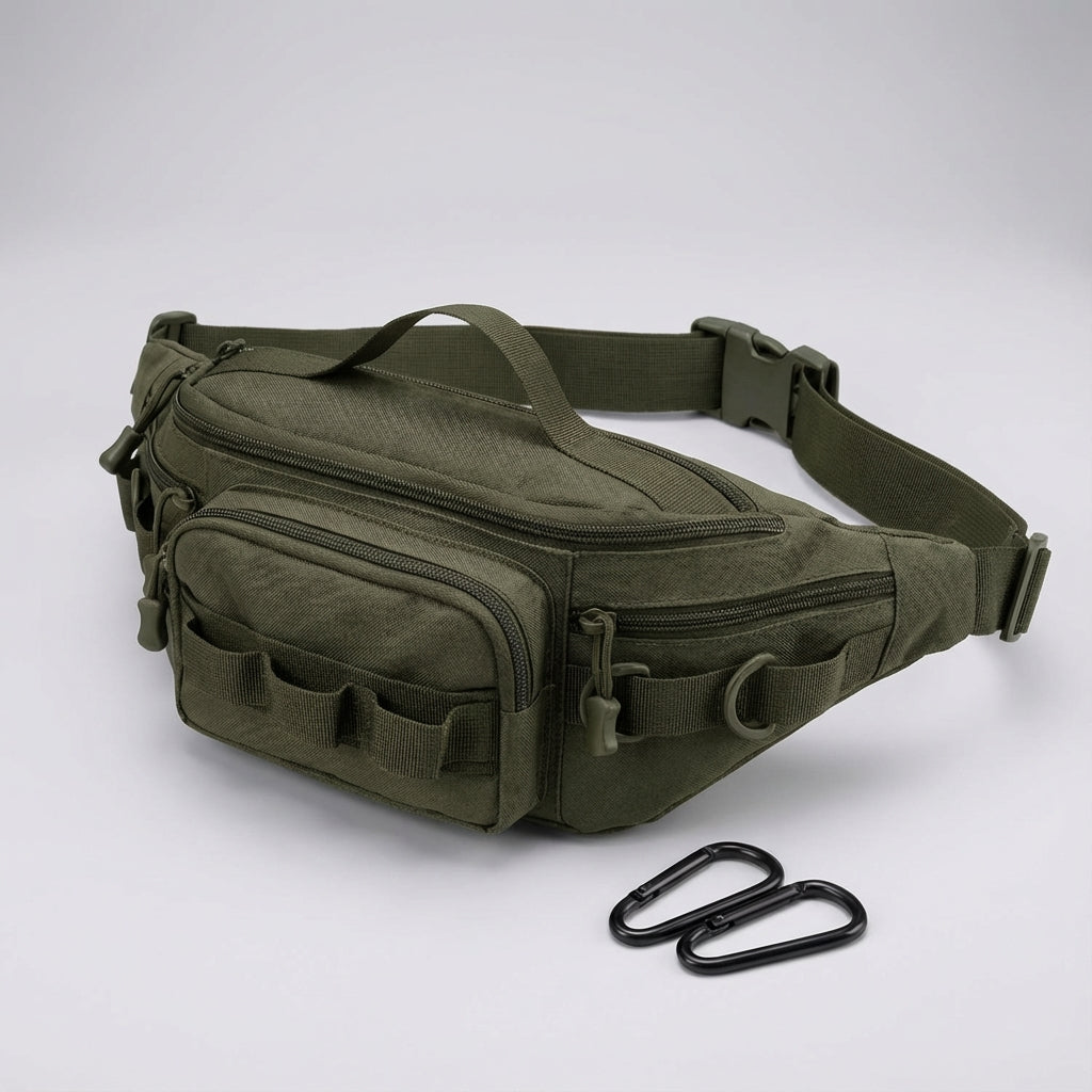 Compacte tactische heuptas met verstelbare heupband, ergonomisch design voor comfortabel dragen onderweg.