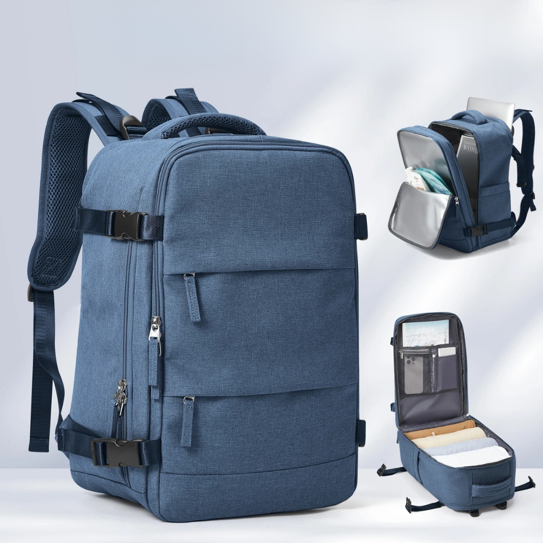 Detail van de uniseks reisrugzak, compact design met handige vakken, perfect voor organisatie op reis.
