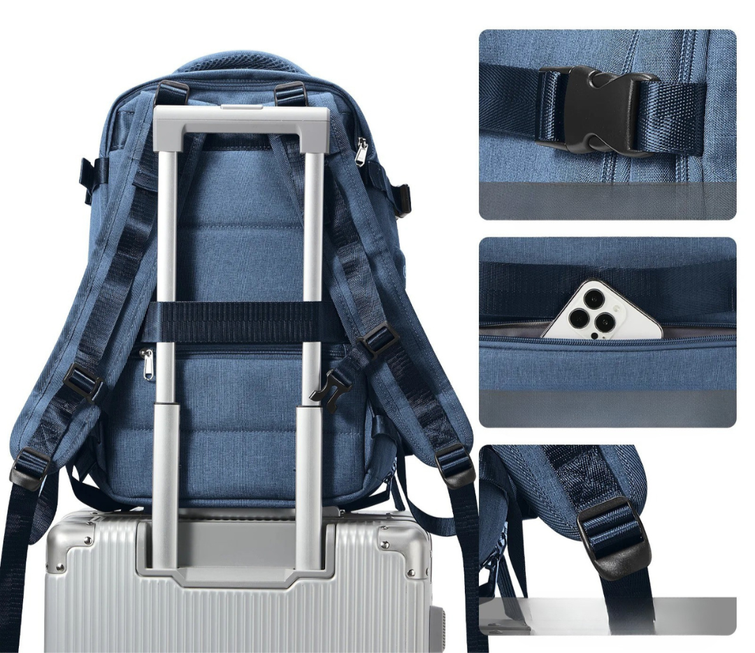 Binnenzijde compacte reisrugzak met ruim laptopvak en slimme organisatie. Ideaal voor handbagage.