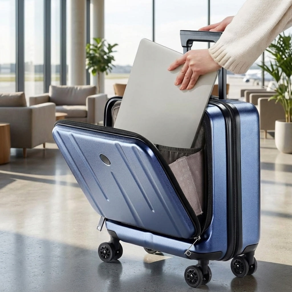 Compacte unisex carry-on koffer met laptopvak en spinnerwielen, ideaal voor zakenreis en handbagage.
