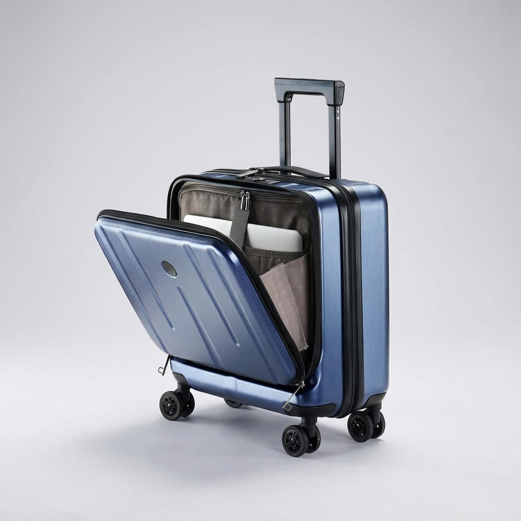 Georganiseerde carry-on koffer met slim laptopcompartiment en duurzame spinnerwielen, ideaal als reistas.