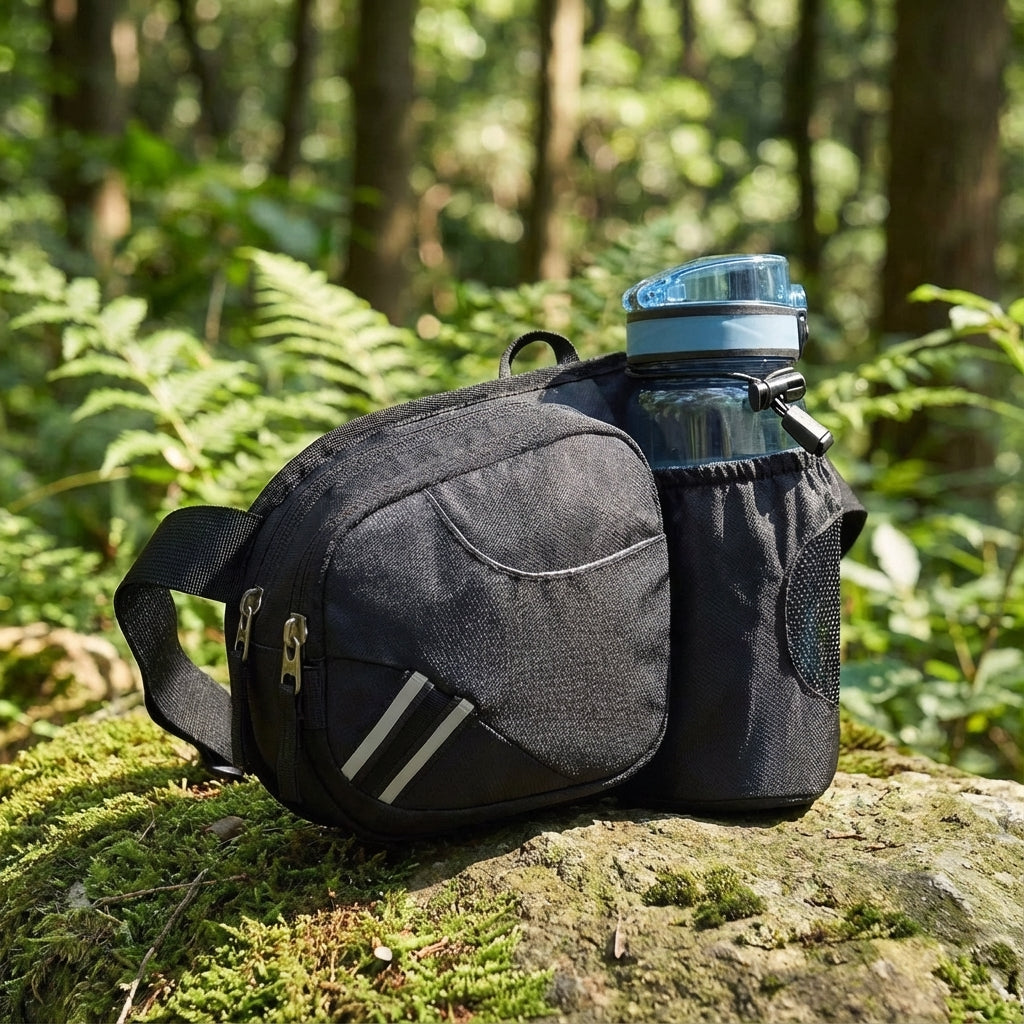 Compacte waterafstotende HydraPace heuptas met bidonhouder, ideaal voor hardlopen en wandelen.