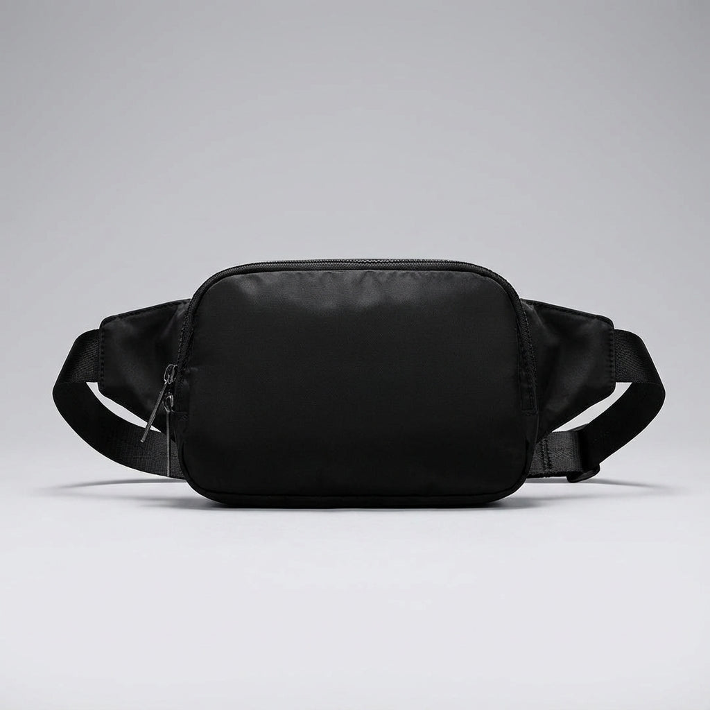 Zwarte Pocklet crossbody tas, compacte nylon heuptas, waterafstotend, lichtgewicht voor vrije tijd.
