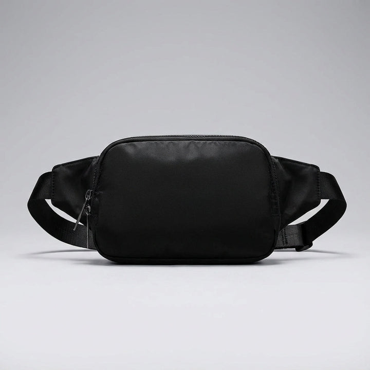 Zwarte Pocklet crossbody tas, compacte nylon heuptas, waterafstotend, lichtgewicht voor vrije tijd.