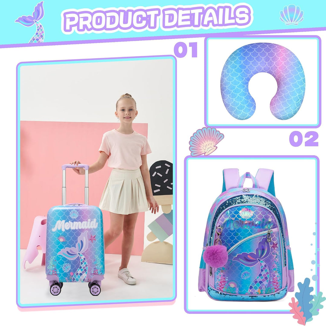 Kindvriendelijke 5-delige reisset met duurzame harde koffer en handige reis accessoires.