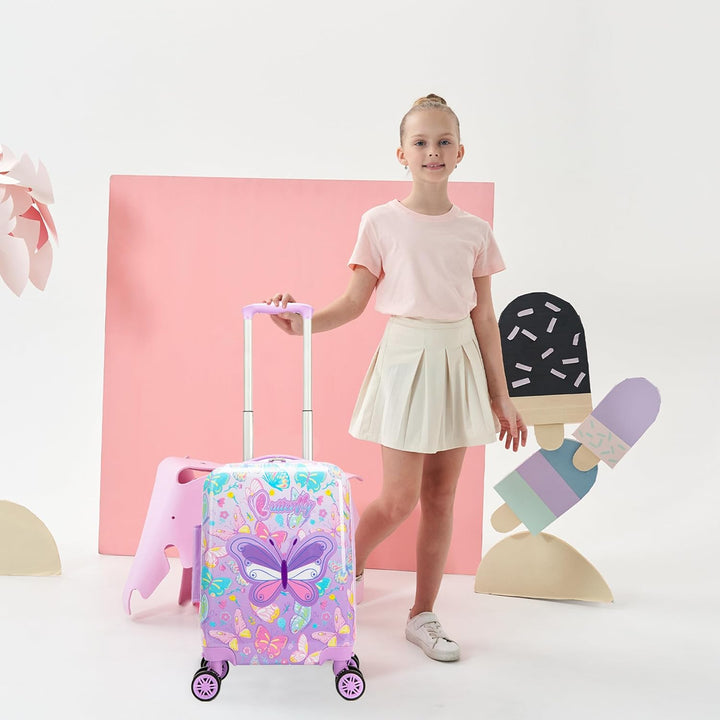 Overzicht van alle items in de 5-delige kinderreisset, netjes gerangschikt.