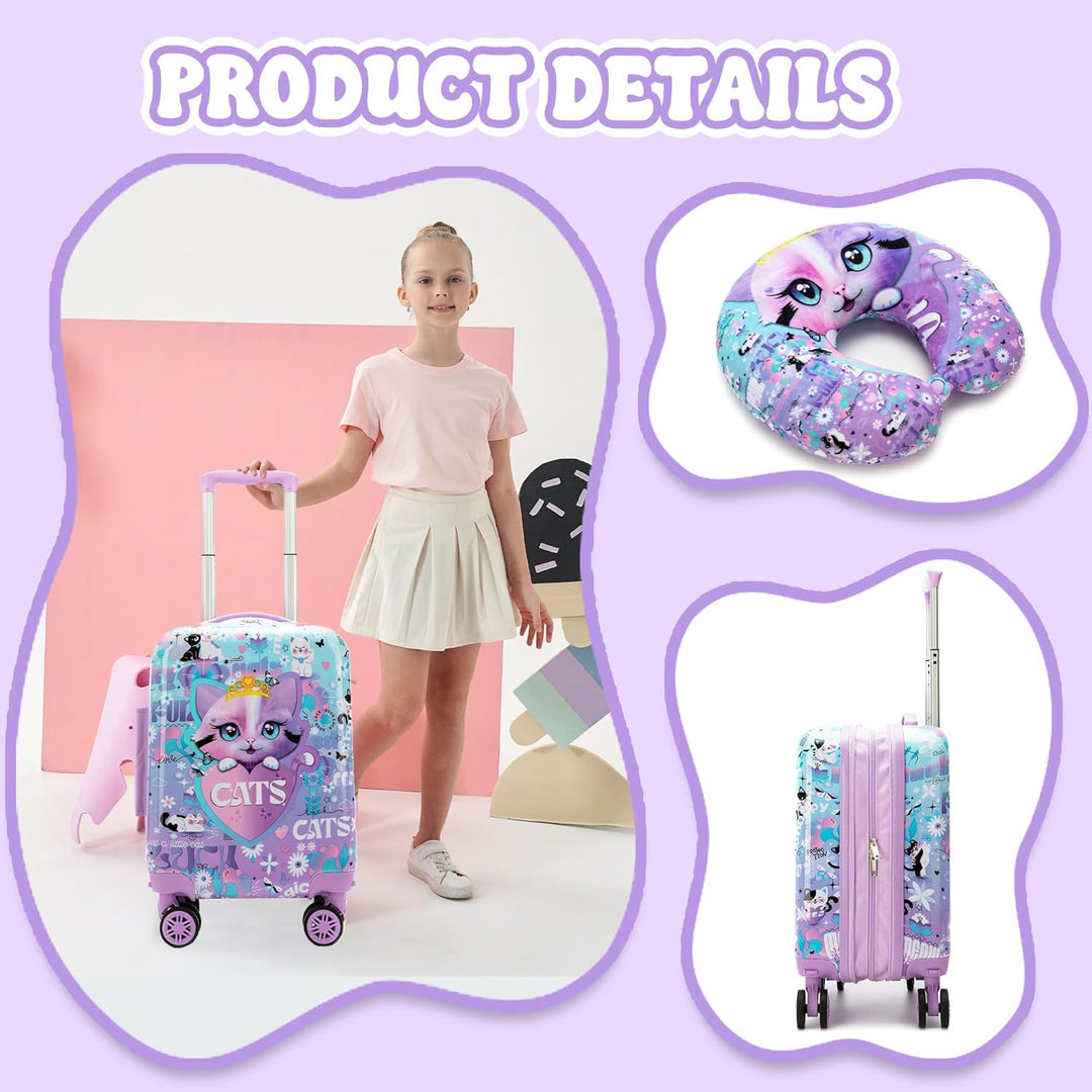 Reisklaar met de 5-delige kinder bagage set: koffer, rugzak, lunchtas, etui, nekkussen.