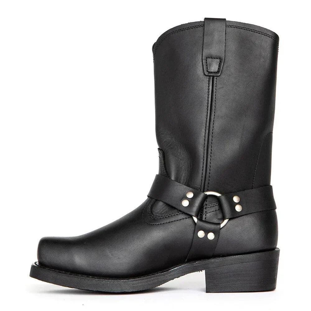 Zwarte leren heren cowboylaars, robuust design met hoge schacht, modieus en comfortabel.