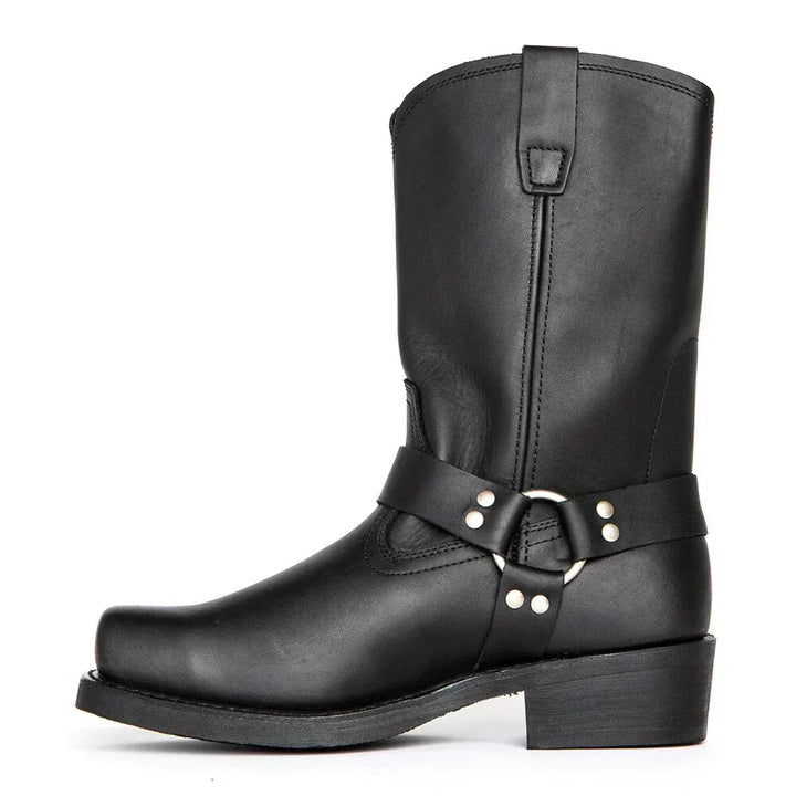 Zwarte leren heren cowboylaars, robuust design met hoge schacht, modieus en comfortabel.
