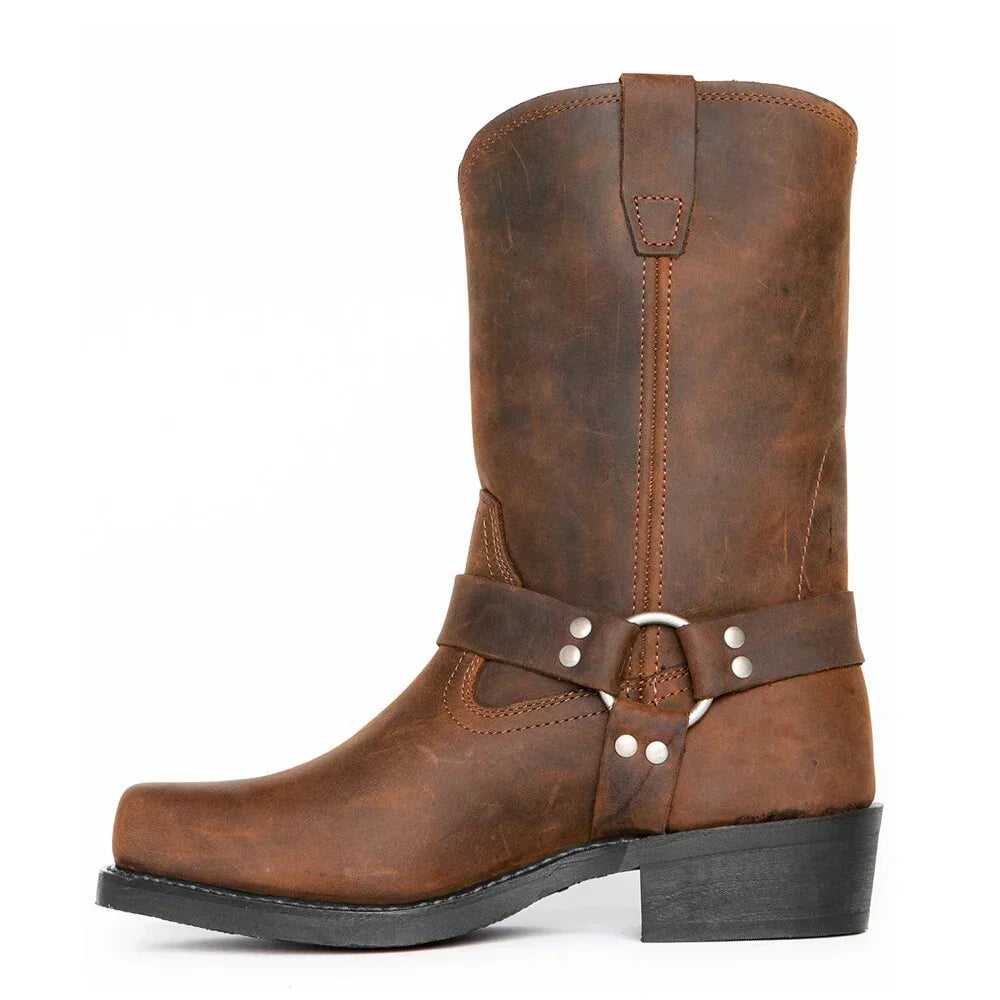 Zwarte leren heren cowboylaars, robuust design met hoge schacht, modieus en comfortabel.