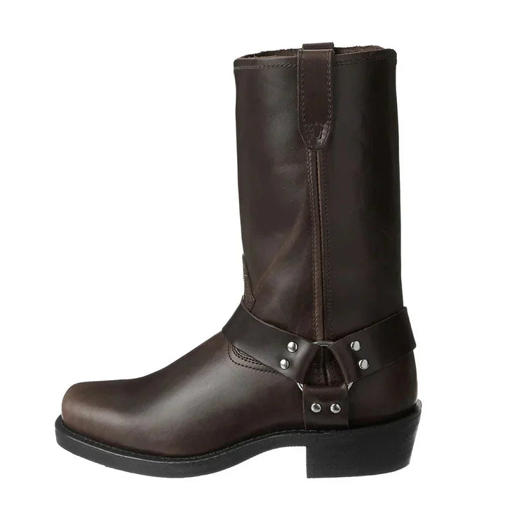 Zwarte leren heren cowboylaars, robuust design met hoge schacht, modieus en comfortabel.