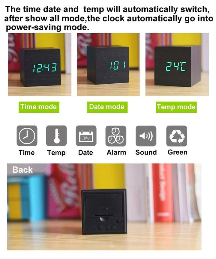 Digitale Cubus Tafelklok met modern kubusdesign, gemakkelijk afleesbaar digitaal display, gemaakt van bamboe & hout, compact 60x60x60 mm