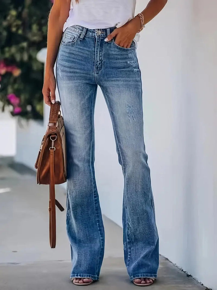 Dames bootcut jeans in gewassen look, stretch, zijaanzicht, veelzijdige en tijdloze outfit.