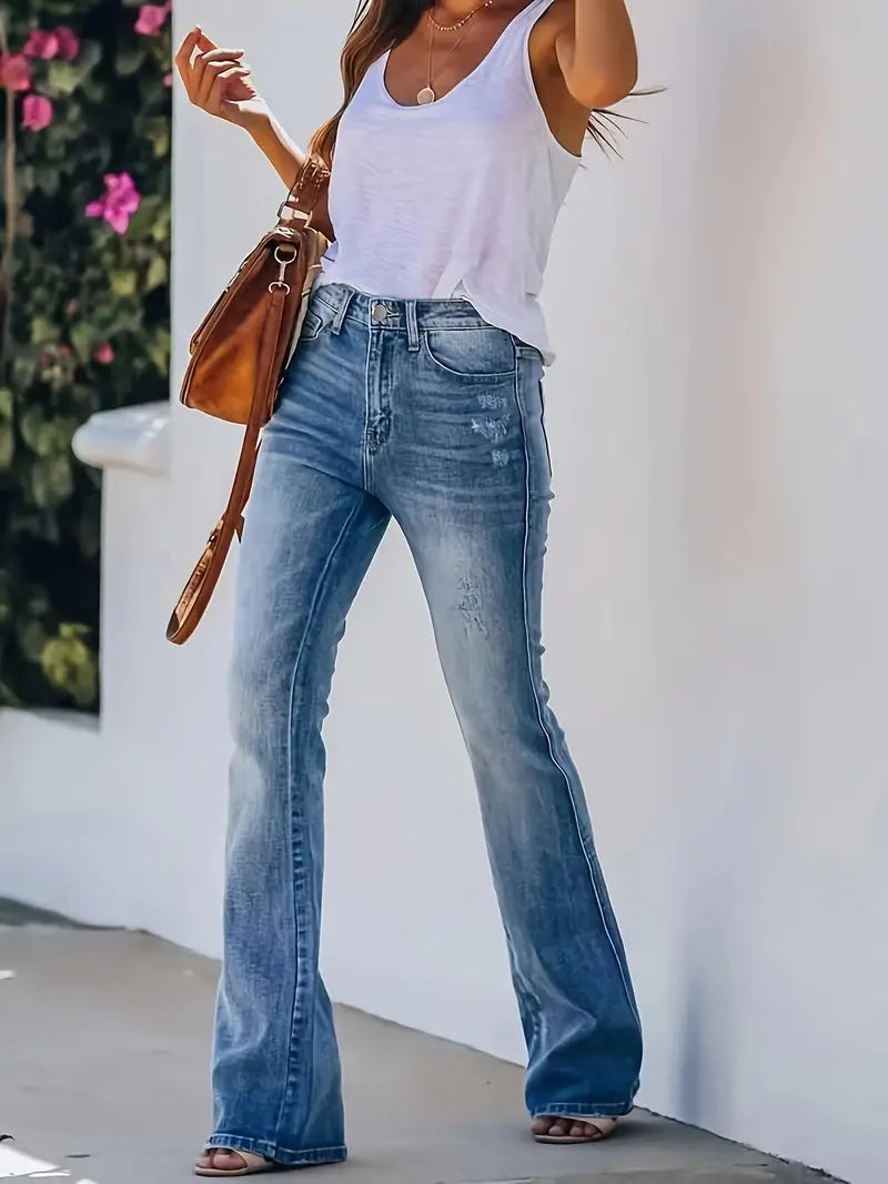 Dames bootcut jeans in gewassen look, stretch, vooraanzicht, stijlvolle en comfortabele vrijetijdsbroek.