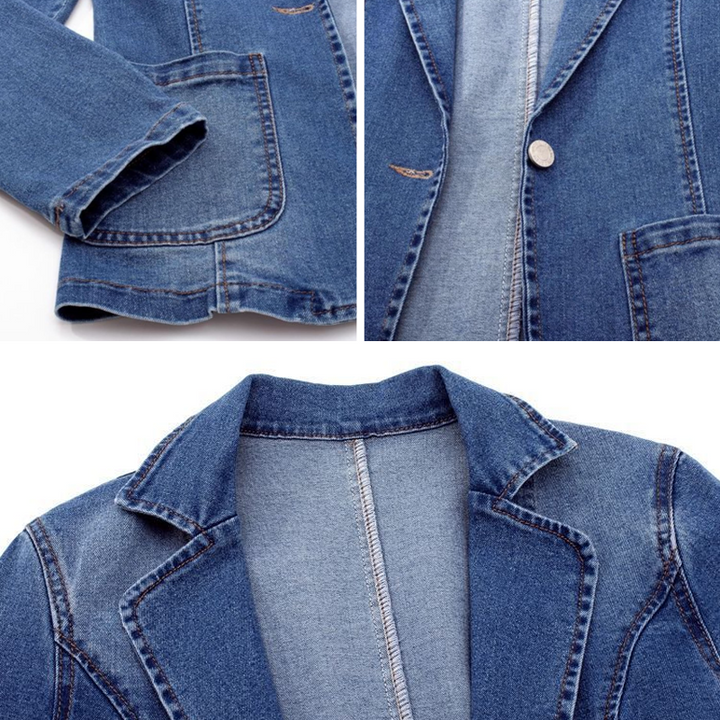 Dames denim blazer, stijlvolle spijkerblazer, getailleerde pasvorm, modieuze casual look, blauw, comfortabel, veelzijdig combineerbaar