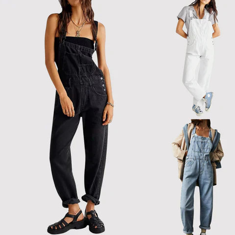 Details dames denim tuinbroek met lichte pasvorm, ideaal voor zomerse dagen.