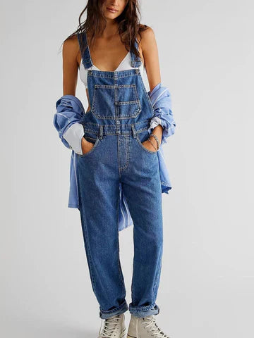 Dames denim tuinbroek lichte pasvorm, comfortabele stijl voor de zomer.