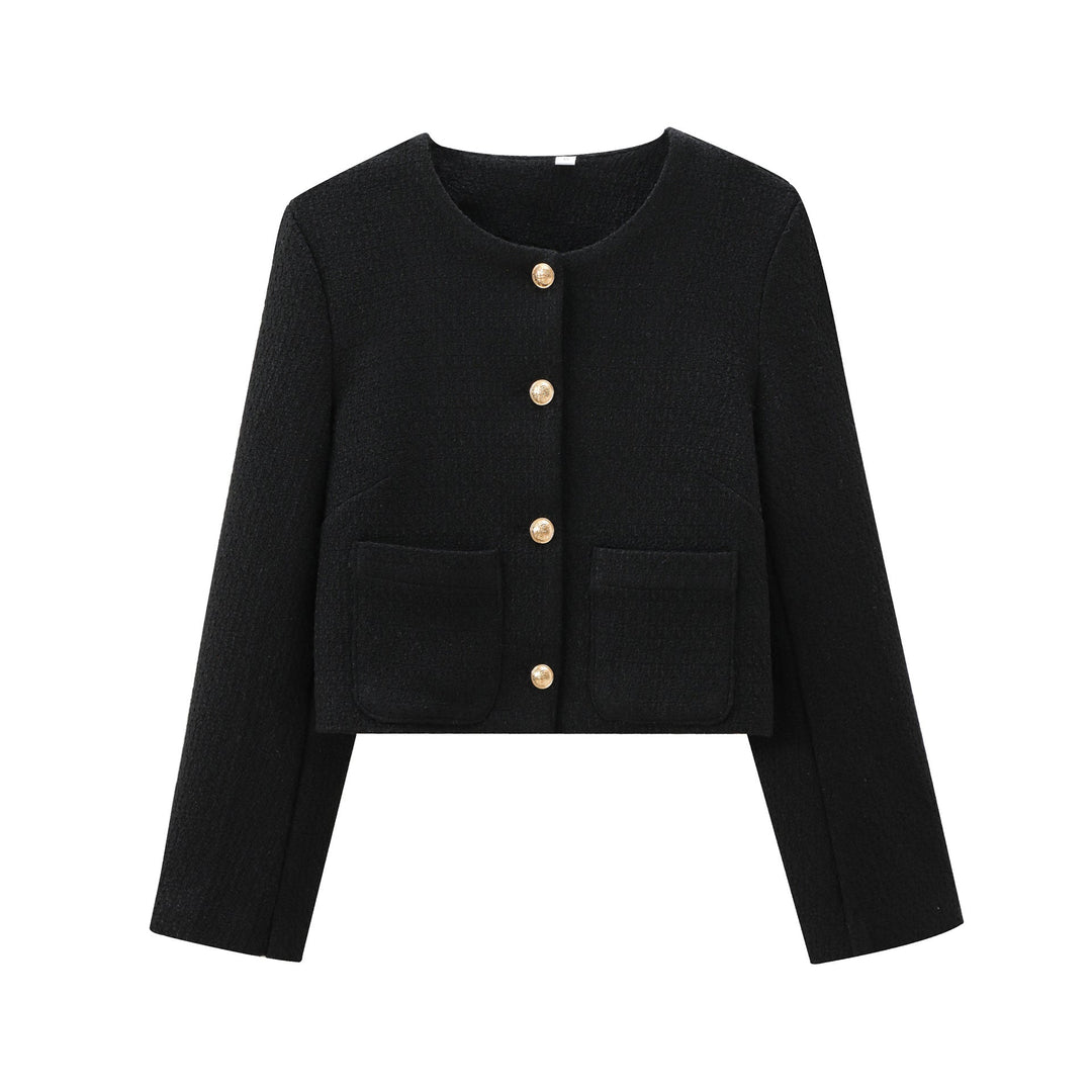 Dames designer jas, gestructureerde stof, elegante snit, ronde hals, subtiele knoopsluiting, vooraanzicht.