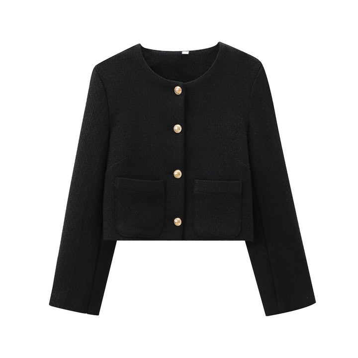 Dames designer jas, gestructureerde stof, elegante snit, ronde hals, subtiele knoopsluiting, vooraanzicht.