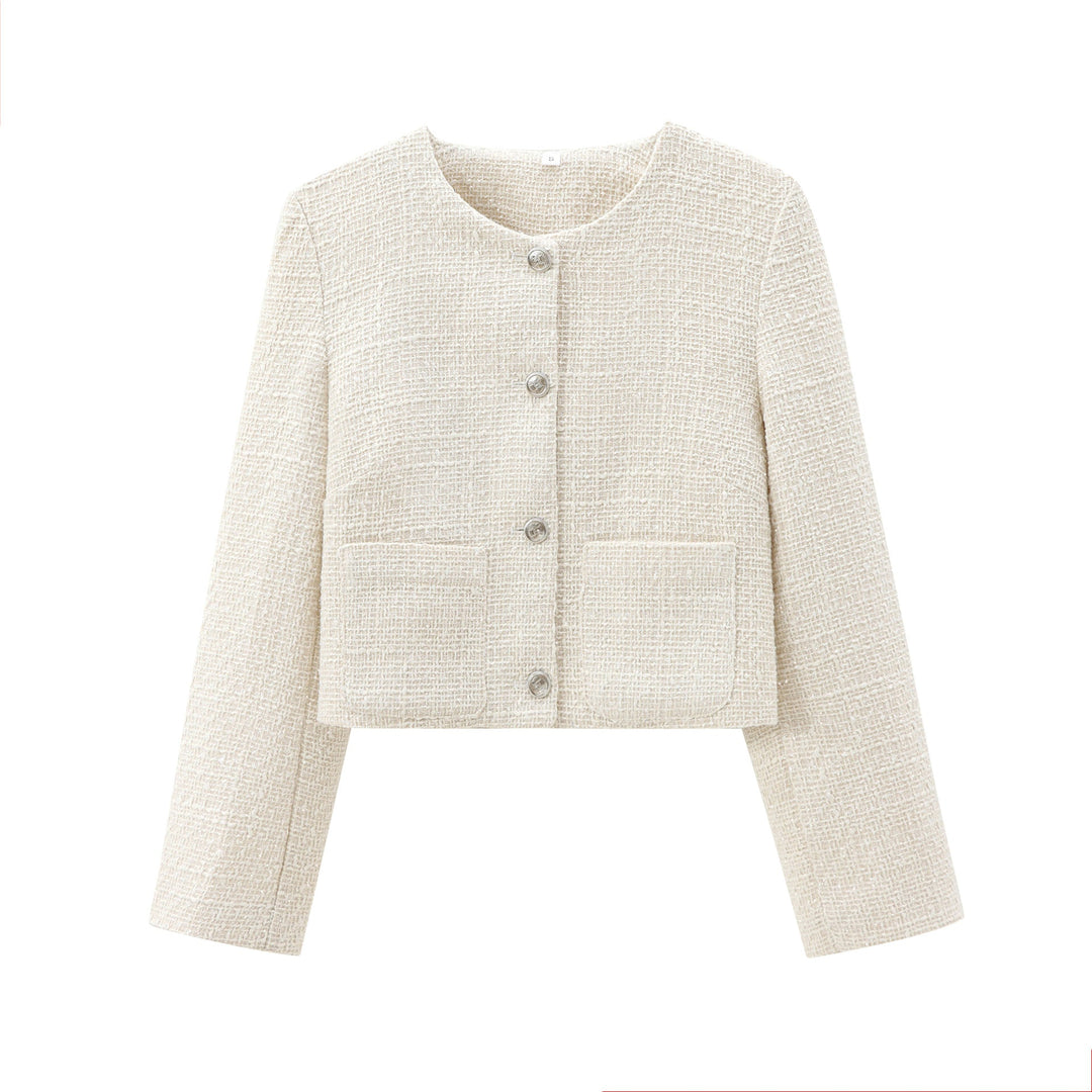 Dames designer jas, gestructureerde stof, elegante snit, ronde hals, subtiele knoopsluiting, vooraanzicht.