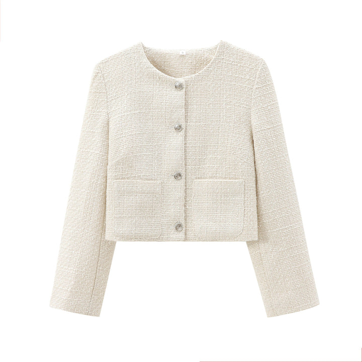 Dames designer jas, gestructureerde stof, elegante snit, ronde hals, subtiele knoopsluiting, vooraanzicht.