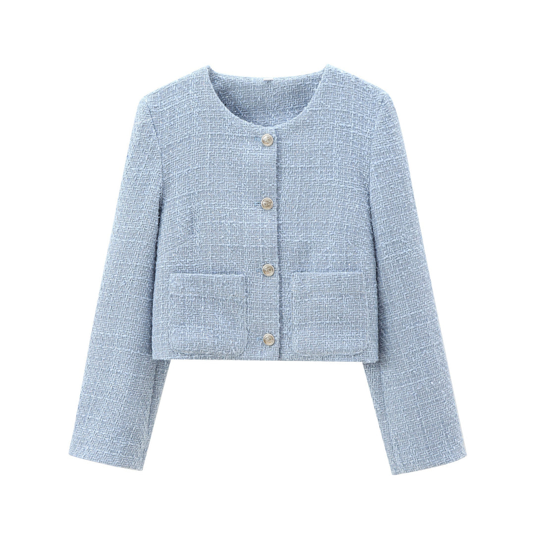 Dames designer jas, gestructureerde stof, elegante snit, ronde hals, subtiele knoopsluiting, vooraanzicht.
