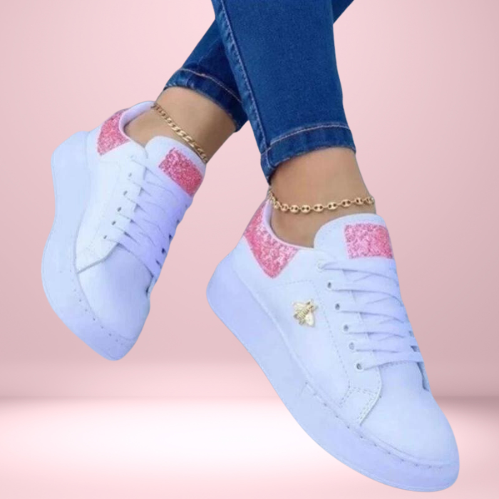 Dames Glittersneakers met schitterend metallic leer, perfecte glamoureuze look in goud, roze, zwart, zilver.