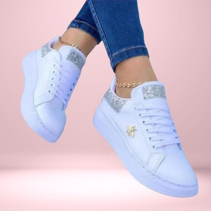 Dames Glittersneakers met schitterend metallic leer, perfecte glamoureuze look in goud, roze, zwart, zilver.