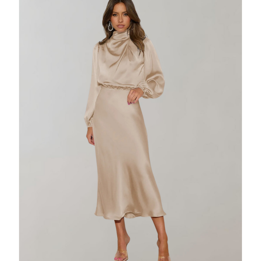 Dames midi-jurk met coltrui en lange mouwen in een elegante zwart-witte look, knielang met een verfijnd silhouet en stijlvolle kraag