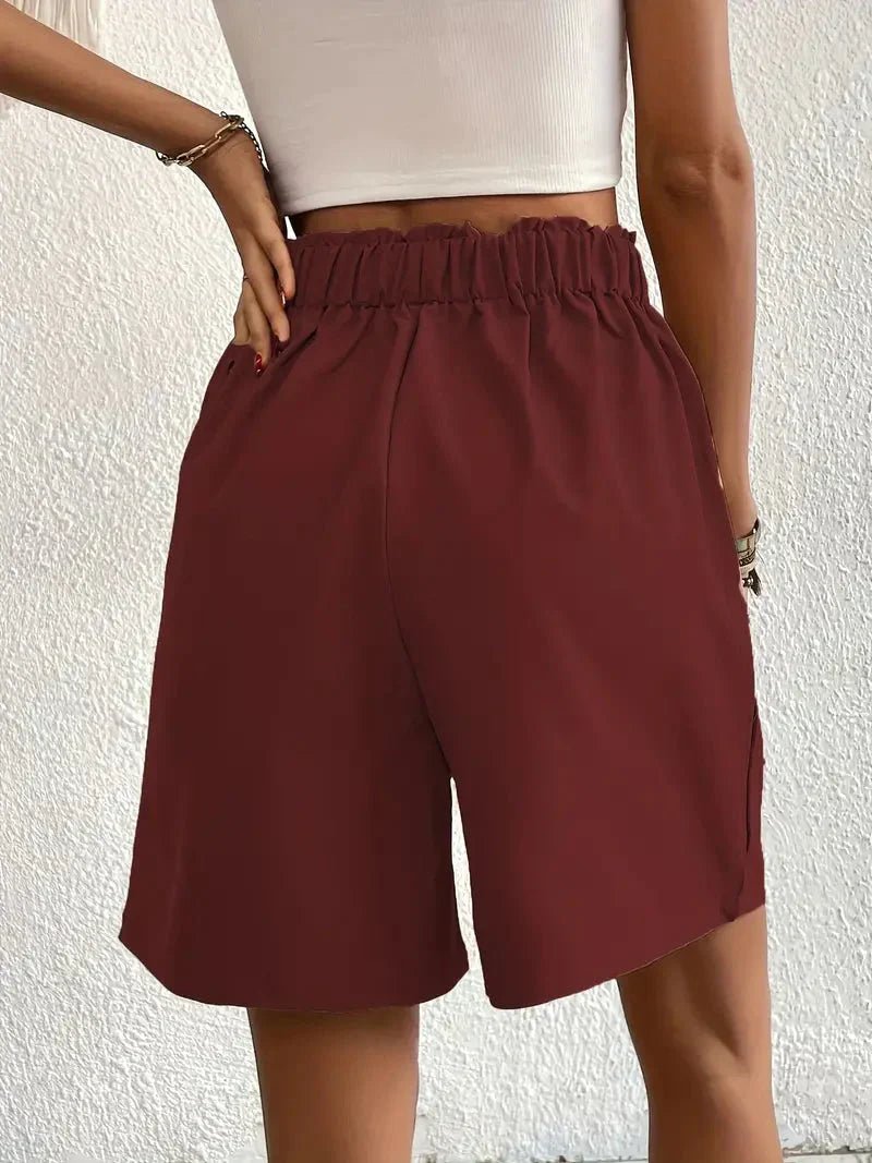 Dames high waist shorts van linnen met schuine zakken, detail van tailleband