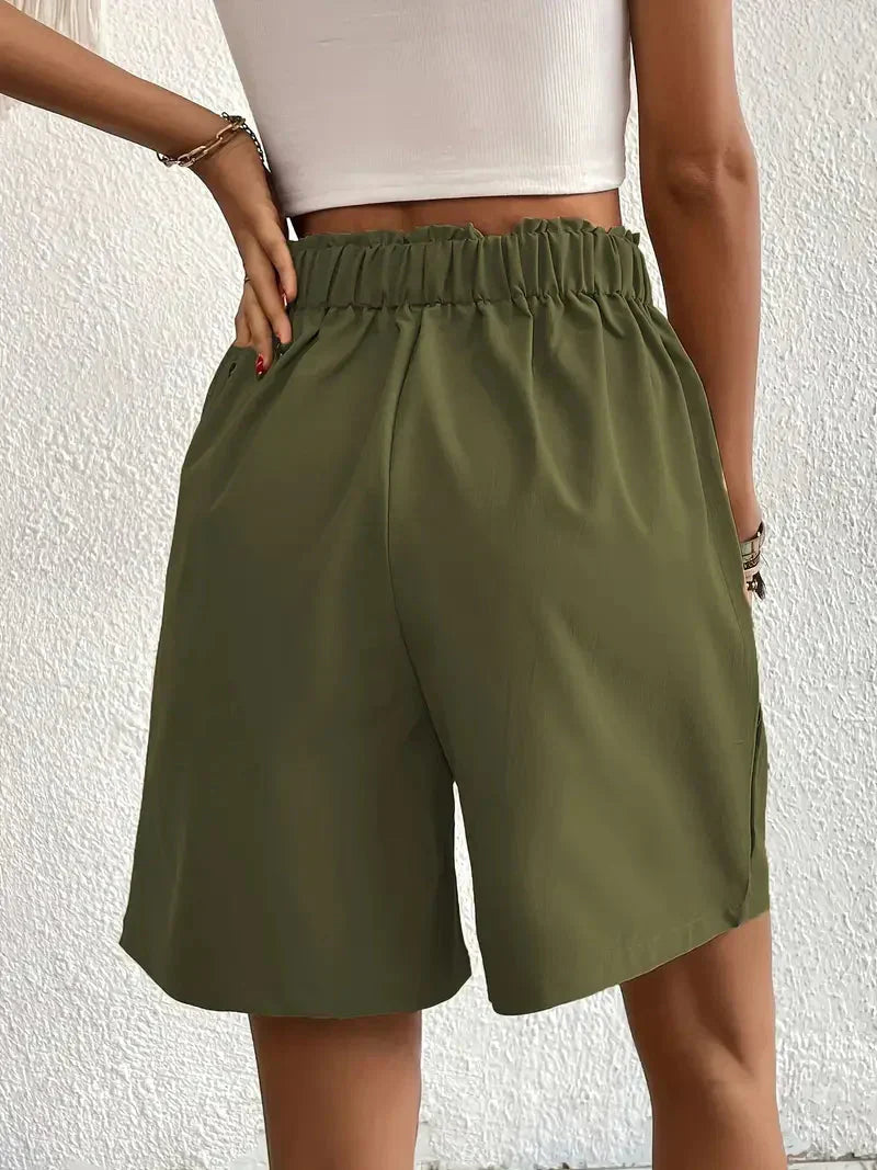 Kaki kleur dames high waist shorts van linnen