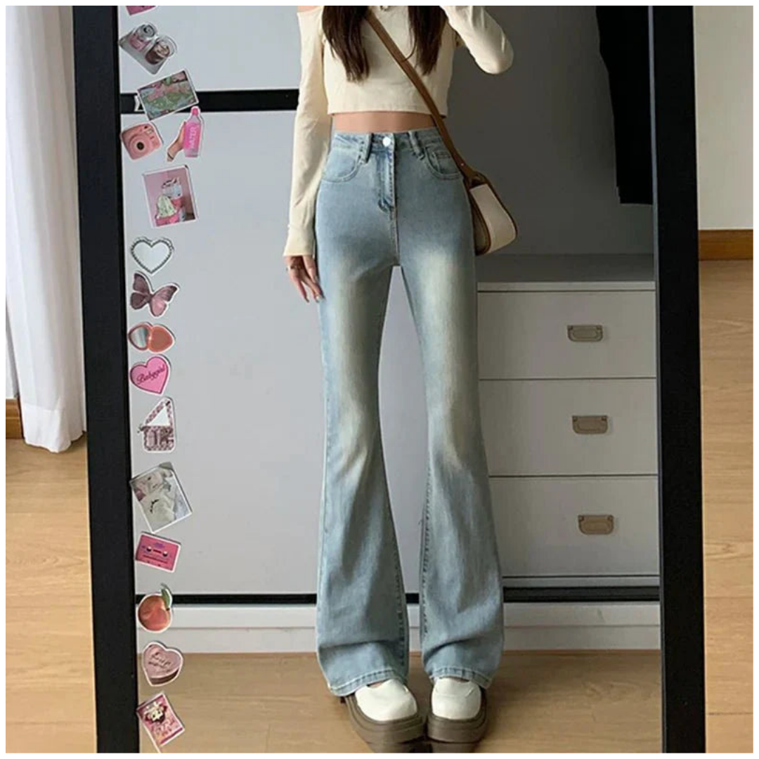 Dames jeans met hoge taille en uitlopende pijpen, retro stijl, elegant design, flatteuze hoge taille met wijde pijpen.