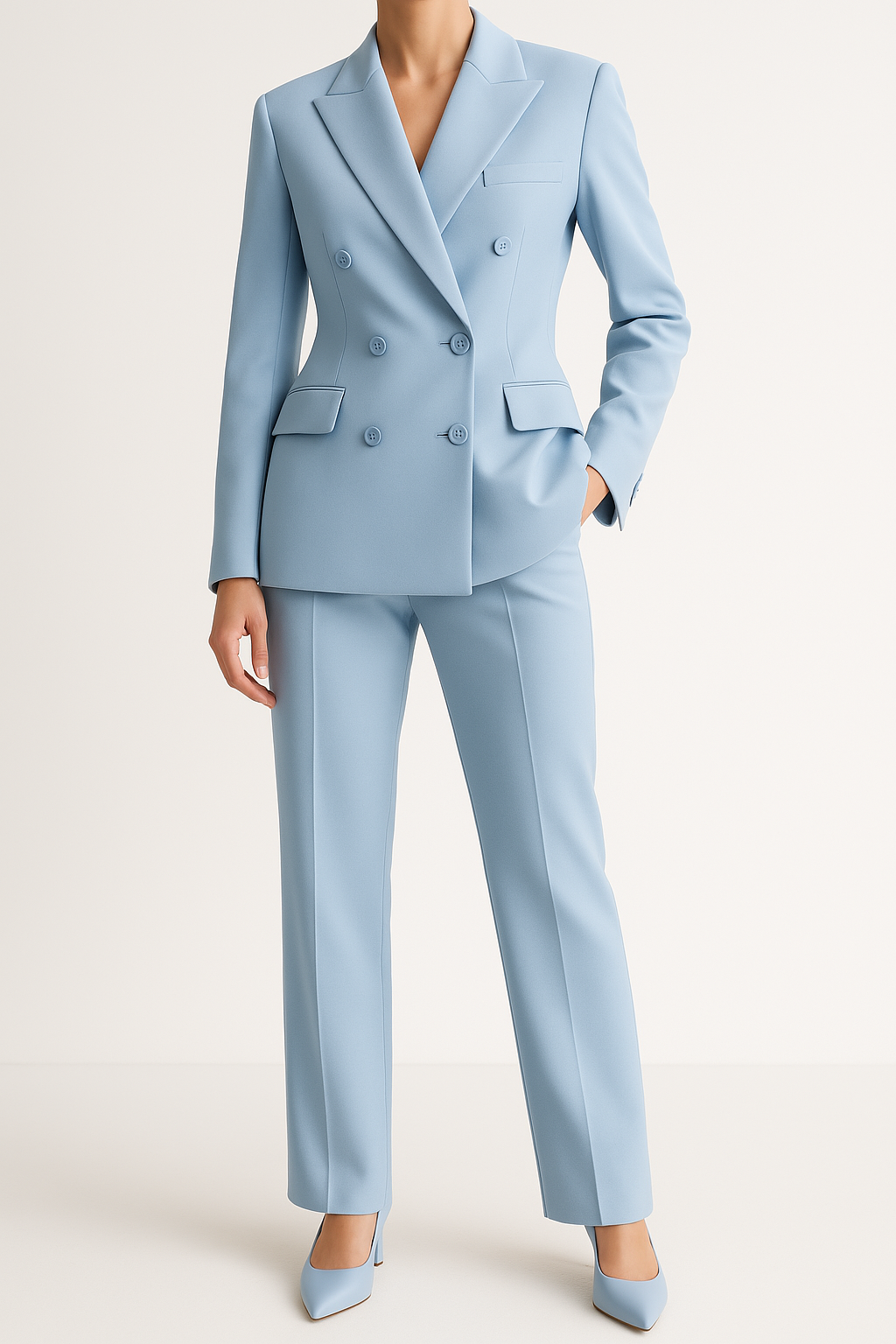 Dames Pantalonpak met Dubbele Rij Knopen, elegant gesneden, tijdloos design in klassieke kleuren voor kantoor en gelegenheden.